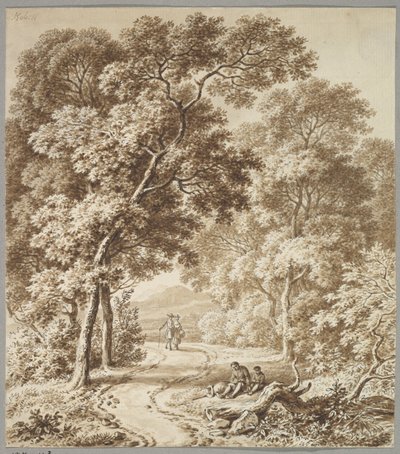 Ein von Bäumen gesäumter Weg mit zwei Bettlern und einem spazierenden Paar von Ferdinand Kobell