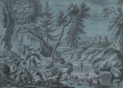 Südliche Landschaft mit Wasserfall und Ziegen, spätes 18. Jahrhundert von Ferdinand Kobell.