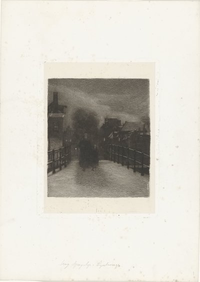 Alte Frau mit Kind auf einer Brücke (Winterabend) von Ferdinand Oldewelt (signed by artist)