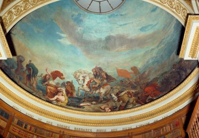 Attila (395-453) Anführer des Hunnenstammes, gefolgt von seinen barbarischen Horden, überfällt Italien im Jahr 452 Fresko von Eugene Delacroix (1798-1863) von Ferdinand Victor Eugene Delacroix