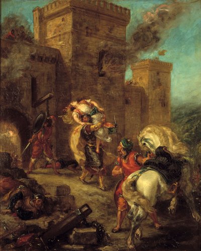 Rebecca wird von den Tempelrittern während des Angriffs auf die Burg Frondeboeuf entführt. Aus dem Buch „Ivanhoe“ von Walter Scott. Gemälde von Eugene Delacroix von Ferdinand Victor Eugene Delacroix
