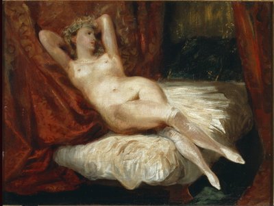 Studie einer nackten Frau, die auf einer Couch liegt, genannt die Frau mit weißen Strümpfen von Ferdinand Victor Eugene Delacroix