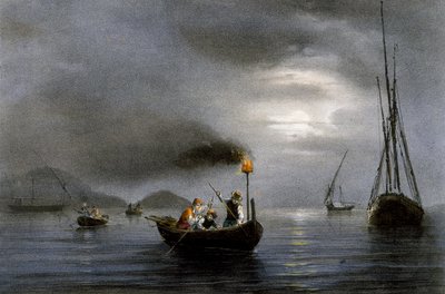 Nachtfischen mit Fischlampe, Farblithographie von Ferdinand Perrot von Ferdinand Victor Perrot