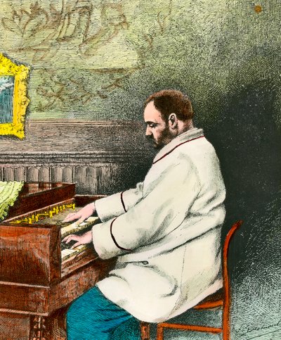 Porträt von Emile Zola beim Orgelspielen. Gravur von Desmoulin von Fernand Desmoulin