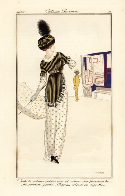 Frau in Weste aus Pekine-Samt über einem bedruckten Kleid von Fernand Siméon