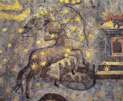 Gotik. Kuppel des Tierkreises (1485) von Fernando Gallego. XV Jahrhundert. Wandmalereien. Sie schmücken die Bibliothek der Universität Salamanca, Kastilien, Spanien. Stellt Tierkreiszeichen dar. Zentaur. Symbol des Sternbildes. von Fernando Gallego