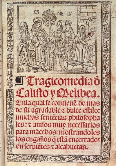 Miniatur auf Pergament auf dem Einband der Celestina oder Tragicomedia de Calisto y Melibea, spanisches Manuskript von Fernando de Rojas, veröffentlicht 1531 von Fernando de Rojas