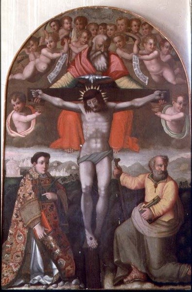 Dreifaltigkeit mit den Hl. Stephanus und Philippus, Mittelteil eines Altars (Tempera auf Holz) von Filippino Lippi