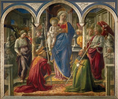 Madonna und Kind mit Engeln und den Heiligen Frediano und Augustinus, genannt "Pala Barbadori" von Filippo (workshop of) Lippi