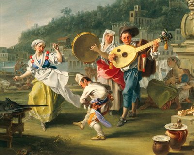 Tarantella in Mergellina, ca. 1750, von Filippo Falciatore, Öl auf Leinwand, Detail von Filippo Falciatore