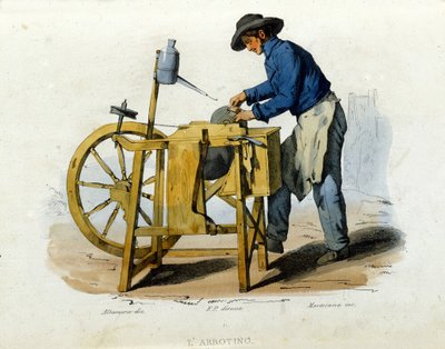 Kleingewerbe der Stadt Neapel: ein Messerschleifer. Gravur nach einem Gemälde von F. Palizza. Aus einem Werk von Francesco de Bourcard „Costumi del regno di Napoli“ von Filippo Palizzi