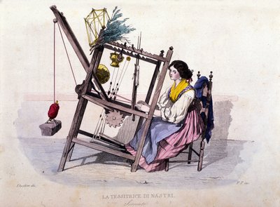Kleingewerbe des Königreichs Neapel: junge Frau aus Sorrent beim Bänderweben. Stich nach einem Gemälde von F. Palizza. Aus einem Werk von Francesco de Bourcard „Costumi del regno di Napoli“ von Filippo Palizzi