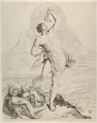Samson hält den Kieferknochen eines Esels über seinem Kopf und steht neben den Philistern von Flaminio Torre