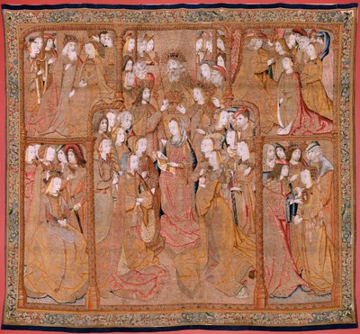 Flämische Tapisserie. Serie Hingabe an Unsere Liebe Frau oder Goldene Tücher. Die Krönung der Jungfrau. Vierter Wandteppich in der Serie. Modell Zeichner aus dem Kreis von Colyn de Coter. Herstellung Pieter van Aelst, Brüssel. Ca 1500-1515. von Flemish School