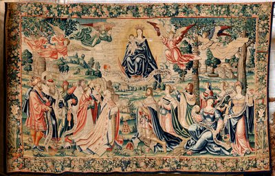 Flämischer Wandteppich. Serie Der Hagel. Salve Regina. Herstellung Brüsseler Werkstätten, möglicherweise von Marc Crétif. Ca. 1528. Größe 412 x 652 cm. Stoff Seide und Wolle. Standort Kathedrale von Palencia. Herkunft Ein Vermächtnis von Bischof Fonseca im von Flemish School