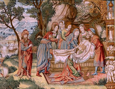 Flämischer Wandteppich. Serie Die Passion Christi. Die Kreuzabnahme. Die zweite Wandteppichserie der Passion Christi, die zum Patrimonio Nacional gehört. Modell Kartonisten aus dem Kreis von Jan van Roome. Herstellung Pieter van von Flemish School