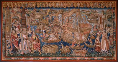 Flämischer Wandteppich. Serie Die Portugiesen in Indien: Die Ankunft in Calicut. Ca 1510. Sammlung Caixa Geral de Depósitos, Lissabon. von Flemish School