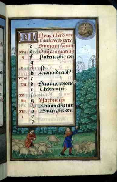 Ms 1058-1975 f.11r Schweinehüten und Eichen schlagen, illuminierte Kalenderseite für November, aus einem Stundenbuch, ca. 1500 (Pergament) von Flemish School