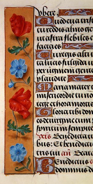 Detail eines floralen Rahmens aus einem Stundenbuch von Flemish School