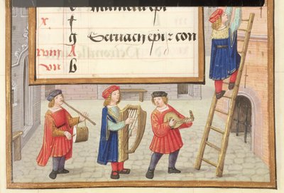 Ms 1058-1975 f.5r Musiker in einer gepflasterten Straße, Detail aus einer illuminierten Kalenderseite für Mai, aus einem 