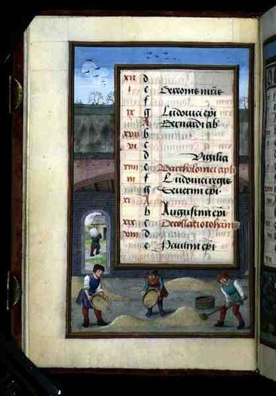 Ms 1058-1975 f8v Kornworfeln in einer Scheune, illuminierte Kalenderseite für August, aus einem Stundenbuch, ca. 1500 von Flemish School