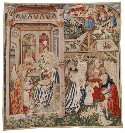 Wandteppich, der die Verkündigung und die Geburt Christi darstellt, Tournai (Wolle) von Flemish School