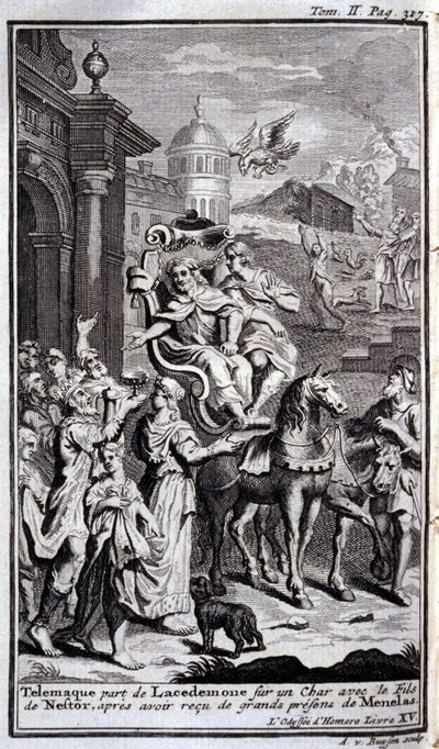 Telemach verlässt Lakedaimon auf einem Wagen mit Nestors Sohn nach Erhalt großer Geschenke von Menelaos. Illustration für Buch XV der Odyssee von Homer, veröffentlicht in Amsterdam 1731, Privatsammlung Mailand von Flemish School
