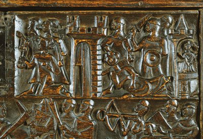 Die Courtrai-Truhe, die flämische Fußsoldaten zeigt, die französische Kavallerie besiegen (Detail) von Flemish School