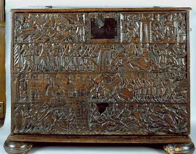 Die Courtrai-Truhe, die Szenen aus der Schlacht der Goldenen Sporen in Courtrai 1302 darstellt von Flemish School