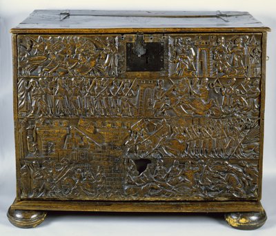 Die Courtrai-Truhe, die Szenen aus der Schlacht der Goldenen Sporen in Courtrai 1302 darstellt von Flemish School