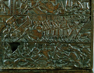 Die Courtrai-Truhe, die die flämische Schlachtlinie während der Schlacht der Goldenen Sporen in Courtrai 1302 darstellt (Detail) von Flemish School