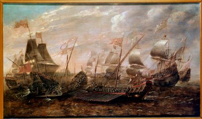 Die Unbesiegbare Armada. Seeschlacht, die die Niederlage der spanischen Armada gegen die englische Flotte im August 1588 sah, flämische Schule von Flemish School