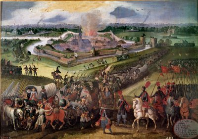 Krieg gegen die Niederlande: Blick auf die Stadt Ardres: Erzherzog Albrecht von Österreich eroberte die Stadt 1596. Gemälde der flämischen Schule des 17. Jahrhunderts. Real Monasterio de El Escorial, El Escorial, Spanien von Flemish School