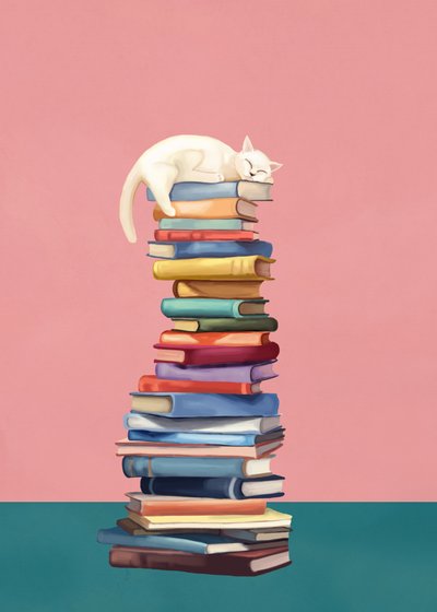 Gemütliche Katze auf bunten Büchern von Flow Line