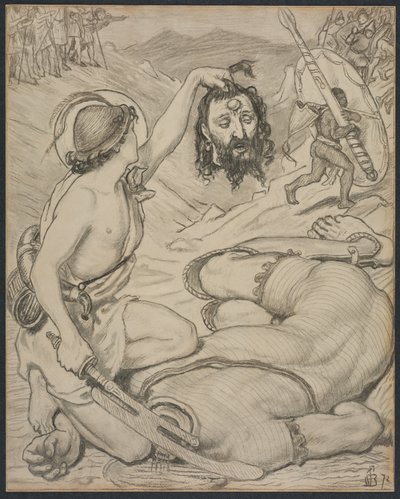 David und Goliath, Entwurf für ein Glasfenster am Jesus College, Cambridge von Ford Madox Brown