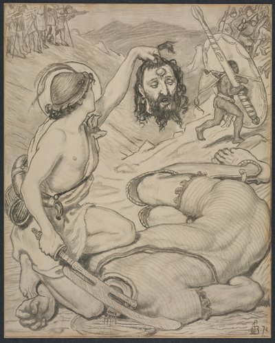 David und Goliath, Karton für Glasfenster im Jesus College, Cambridge, 1872 von Ford Madox Brown