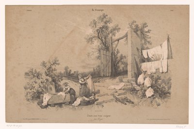 Zwei Frauen und ein Kind waschen im Freien von Fortuné Ferogio