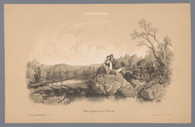 Frau mit zwei Jungen an einem See mit einem Schloss von Fortuné Ferogio