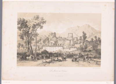 Blick auf ein Dorf mit Viehmarkt in einem Tal von Fortuné Ferogio