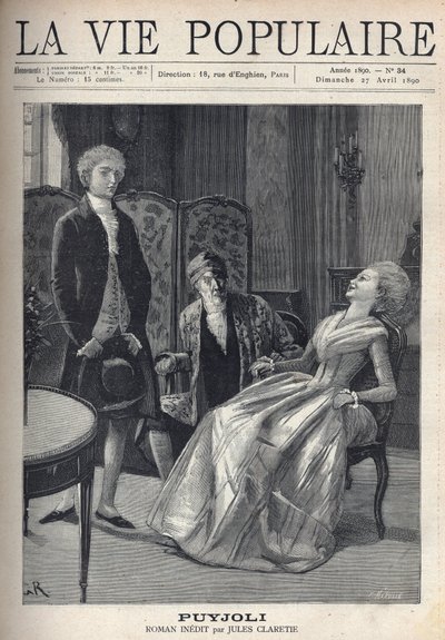 Ein hübscher blonder junger Mann, sieht schlecht aus, nachdem er seinen Antrag gemacht hat, sieht das Mädchen lachend auf ihrem Stuhl umkippen, unter den erstaunten Augen ihres Vaters. Illustration für Puyjoli von Jules Claretie (1840-1913). Gravur von For von Fortune Louis Meaulle