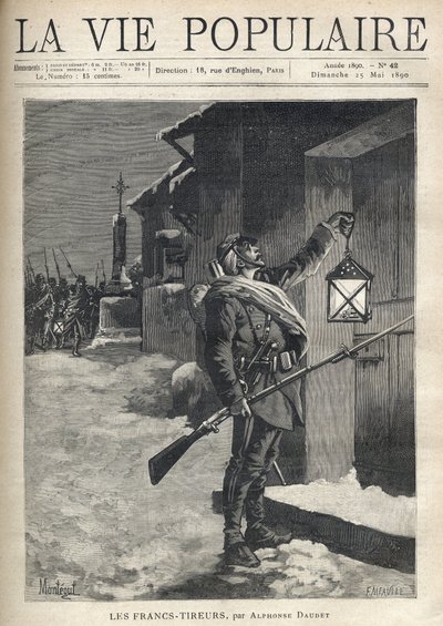 Ein Soldat, der seine gesamte Ausrüstung trägt, ein Bajonettgewehr und eine Laterne vor der geschlossenen Tür eines Stadthauses schwenkt. Hinter ihm, in der Nähe des Eisernen Kreuzes, kommt der Rest der Truppe, um sich ihm anzuschließen. Illustration von M von Fortune Louis Meaulle