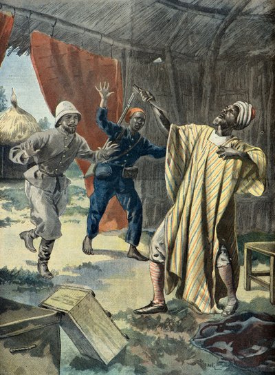 Versuchter Selbstmord von Samory Toure, Gefangener der Franzosen 1899 (Gravur) von Fortune Louis Meaulle