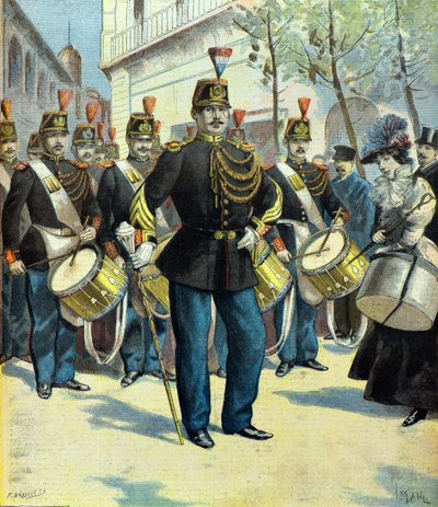 Parade der Musiker und des Tambourmajors der republikanischen Garde, Paris 1896 (Gravur) von Fortune Louis Meaulle
