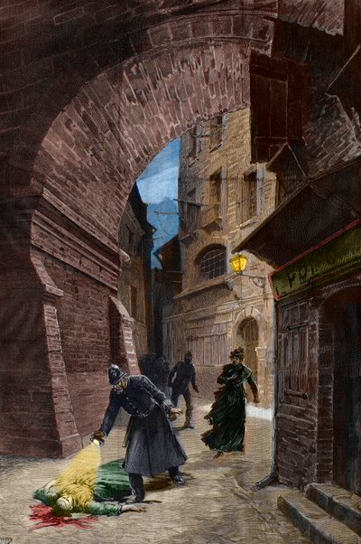 Entdeckung eines Opfers von Jack the Ripper, Whitechapel, London von Fortune Louis Meaulle