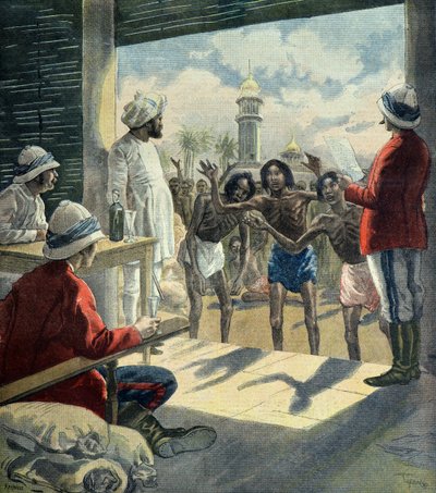 Hindus bitten die Engländer um Hilfe während der großen Hungersnot von 1896 - 1897 (Gravur) von Fortune Louis Meaulle