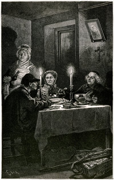 Victor Hugo „Les Misérables“ Illustration von Lix, graviert von Méaulle: der Sträfling und der Bischof. Jean Valjean, dem Bischof Myriel das Krankenhaus angeboten hat, wird seinen letzten Diebstahl begehen: das Silberbesteck seines Gastgebers. Auf dem Tisc von Fortune Louis Meaulle