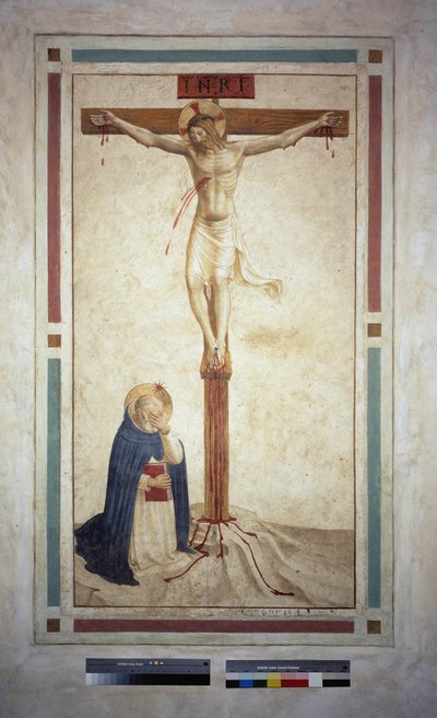 Die Kreuzigung mit dem heiligen Dominikus. Inschrift "INRI" auf dem Kreuz. Fresko von Guido di Pietro von Fra Angelico