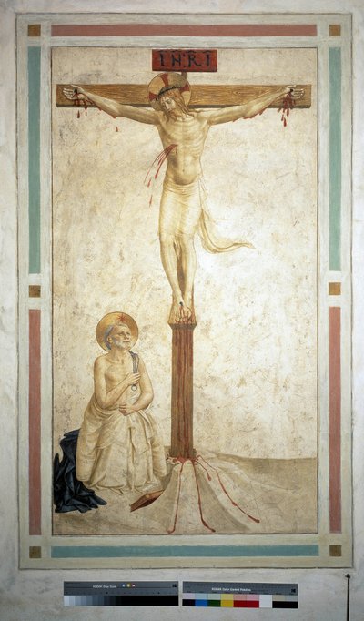 Die Kreuzigung mit dem heiligen Dominikus. Inschrift "INRI" auf dem Kreuz. Fresko von Guido di Pietro von Fra Angelico