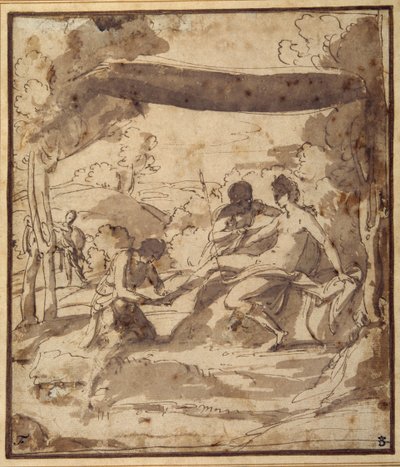 Venus, unter einem rustikalen Baldachin liegend, mit Adonis, der ihre Sandale befestigt von Francesco Albani