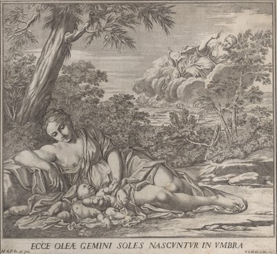 Latona und ihre schlafenden Zwillinge, Apollo und Diana, in einer Landschaft, 1705 von Francesco Antonio Meloni